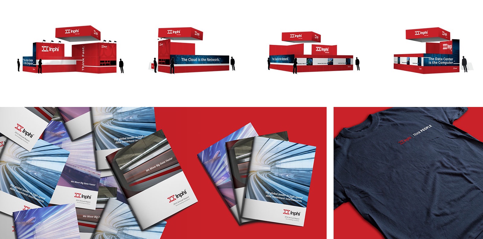 Inphi trade booth design, event brochure, t-shirt
