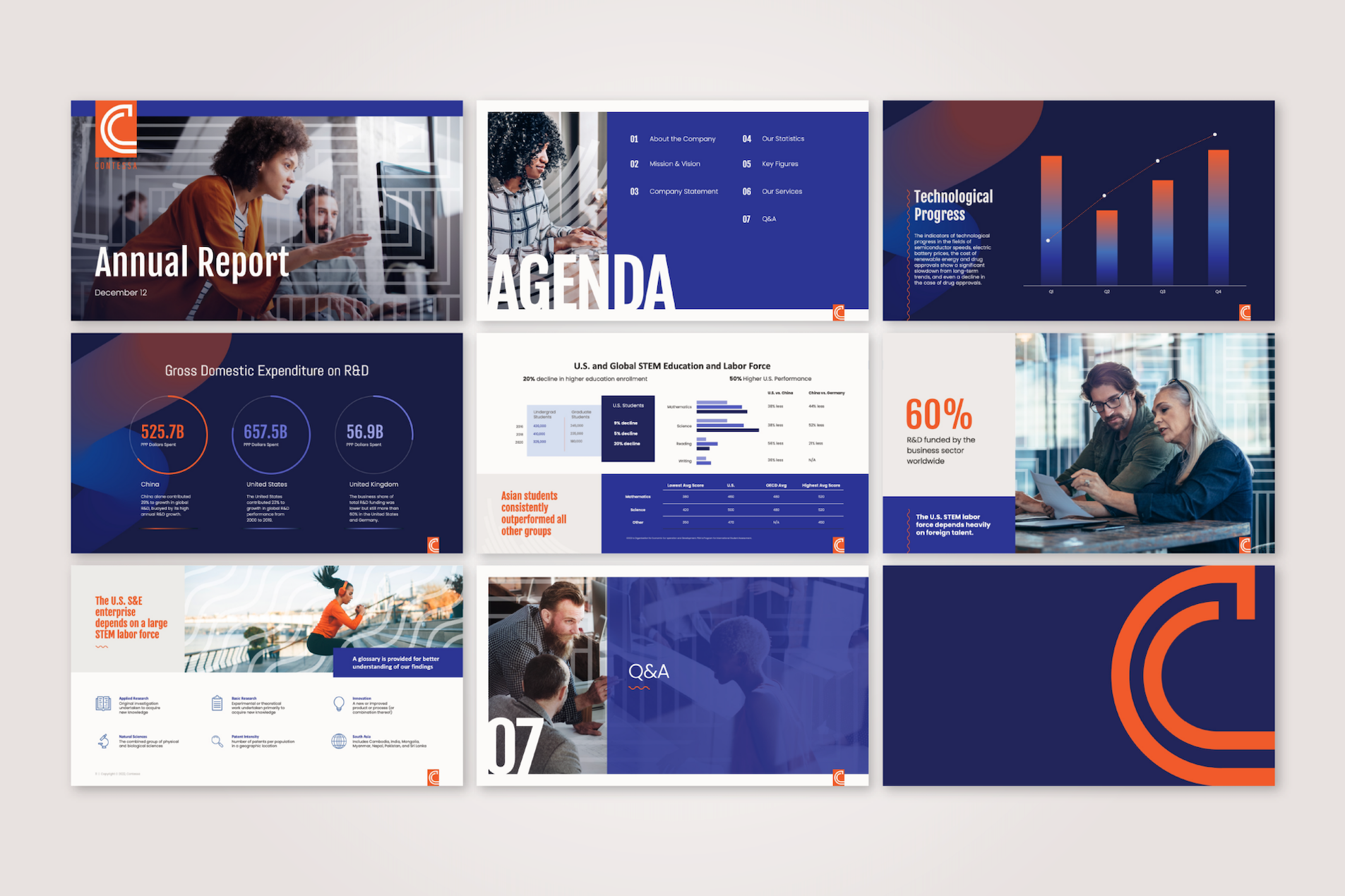 Examples of presentation design: colorful slides with engaging visuals, clear text, and professional layout.