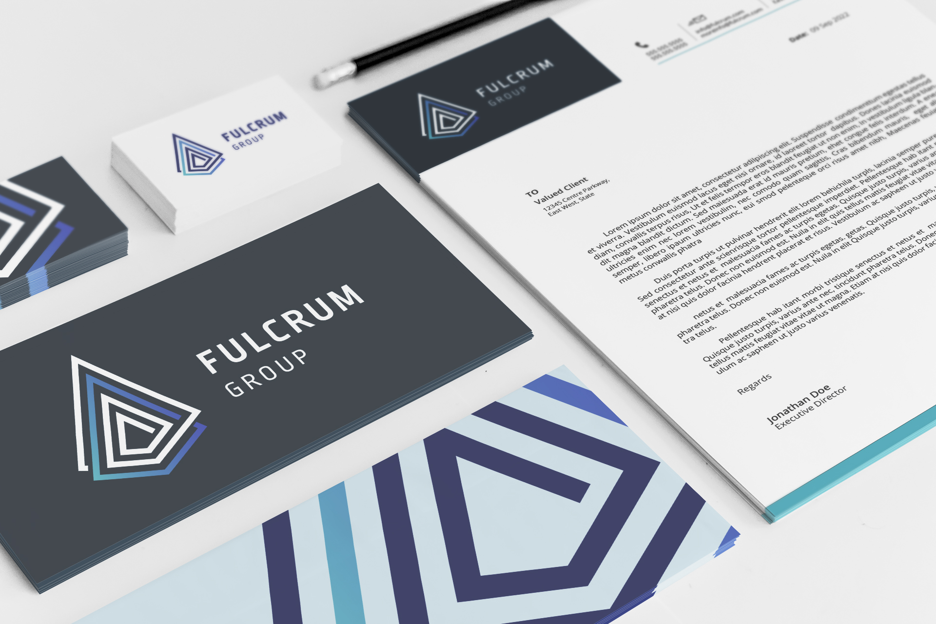 The Fulcrum Group new brand identity on corporate stationary