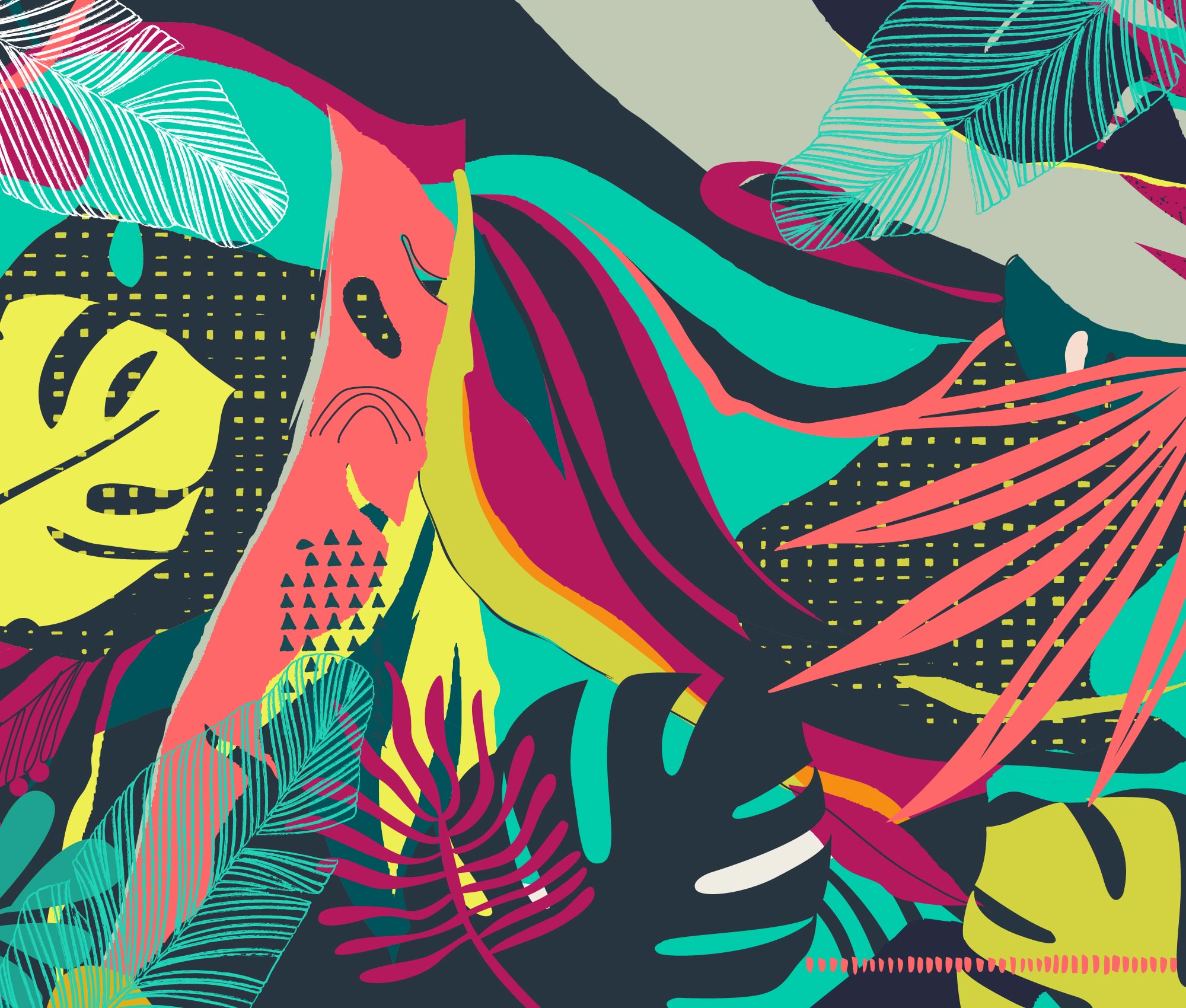 Kau Ba's colorful abstract leaf pattern in bright colors