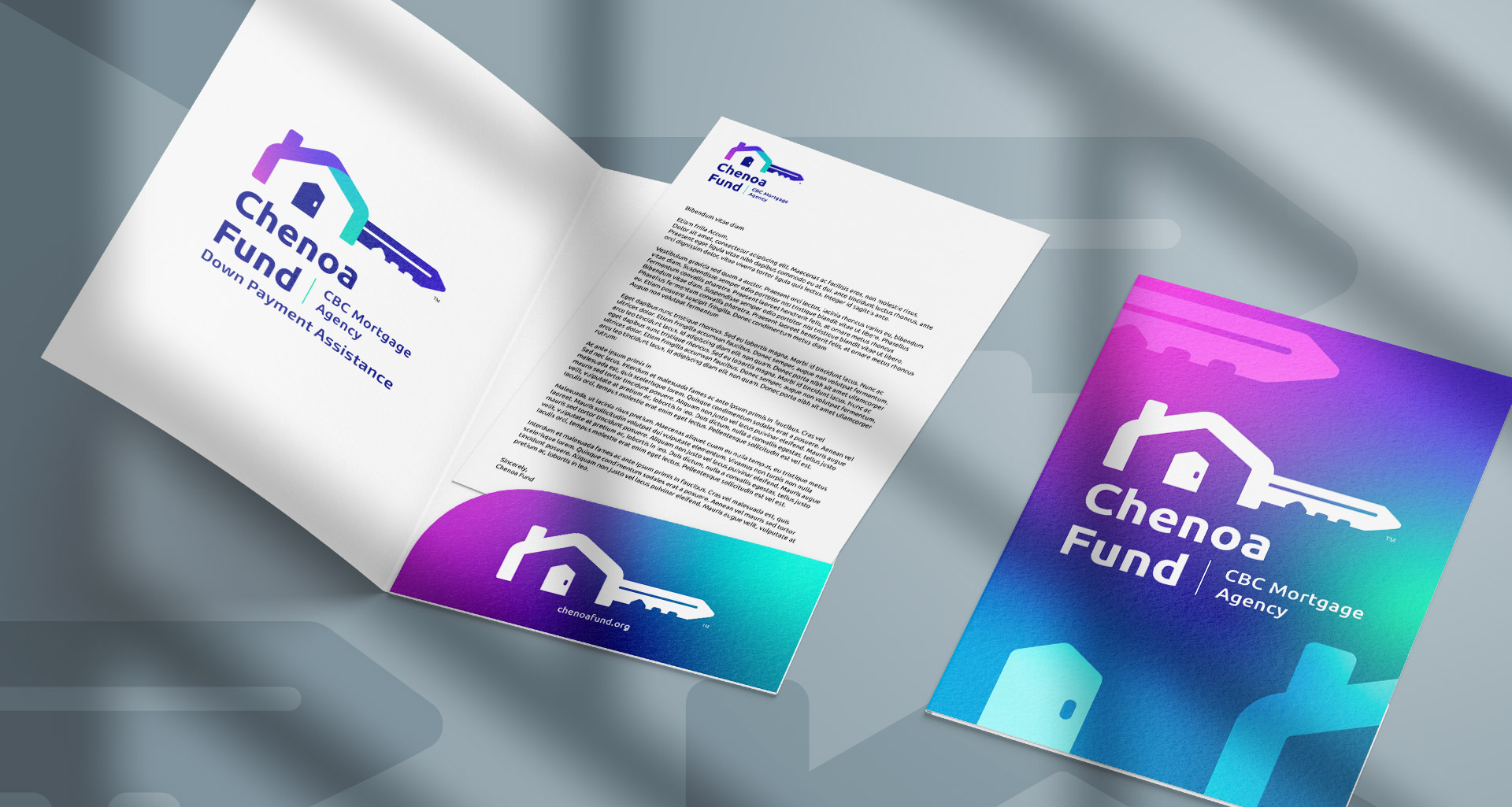 New brand identity for Chenoa Fund shown on corporate letterhead and folder